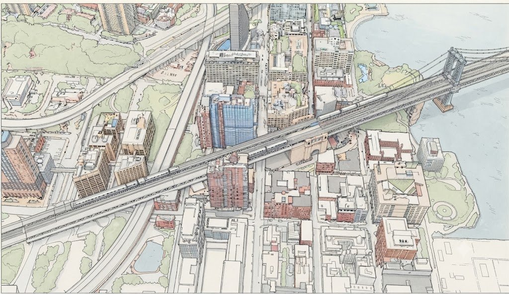 Aerial illustration of the Manhattan Bridge approach cutting through the Brooklyn waterfront
