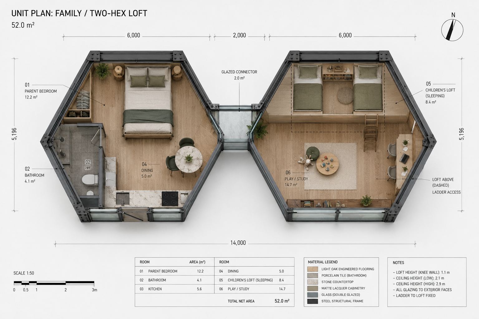 Overpass Commons family residential unit floor plan, mixed-use underbridge architecture design