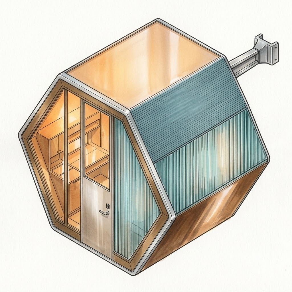Overpass Commons hexagonal pod material study, underbridge residential architecture design