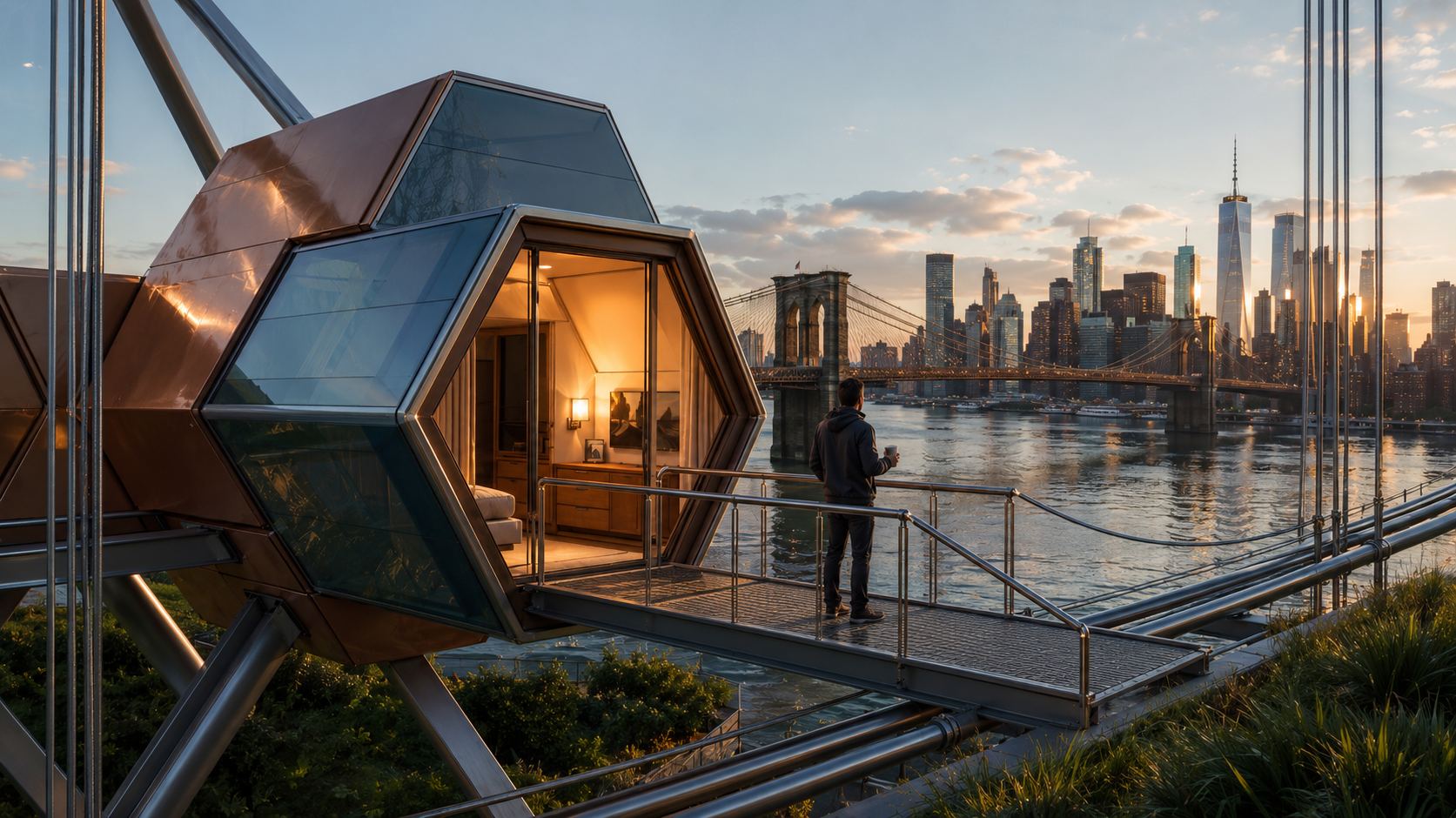 Overpass Commons residential pod interior, mikelyden underbridge architecture design, NYC East River view