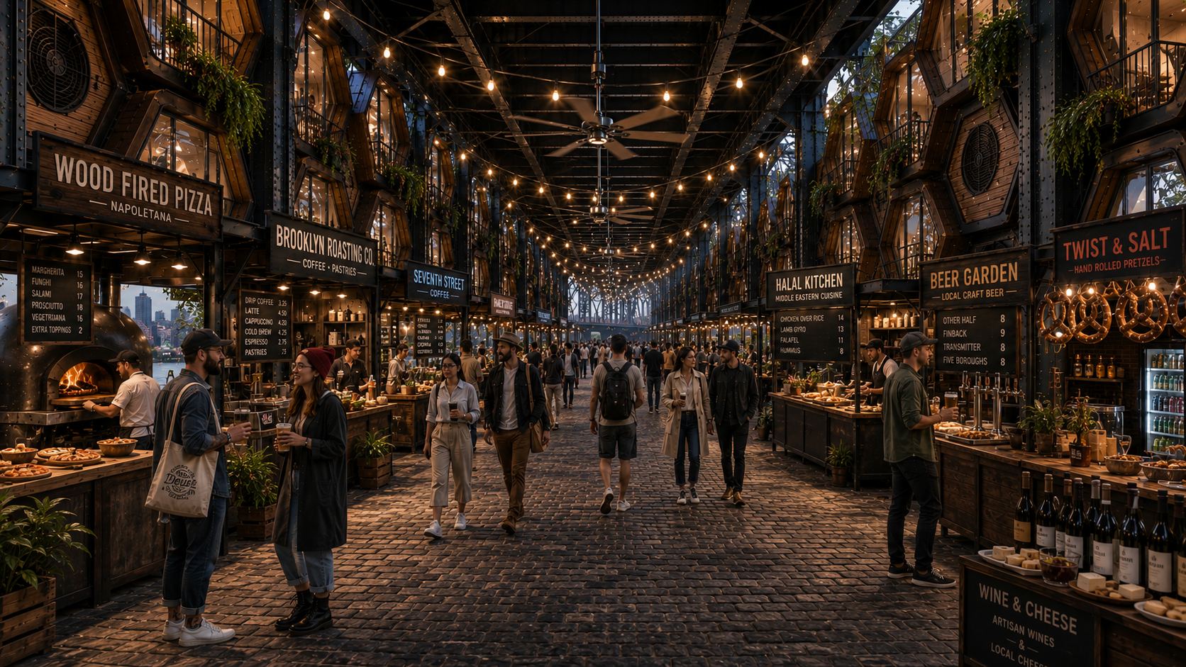 Overpass Commons community market, mixed-use infrastructure design beneath Manhattan Bridge NYC