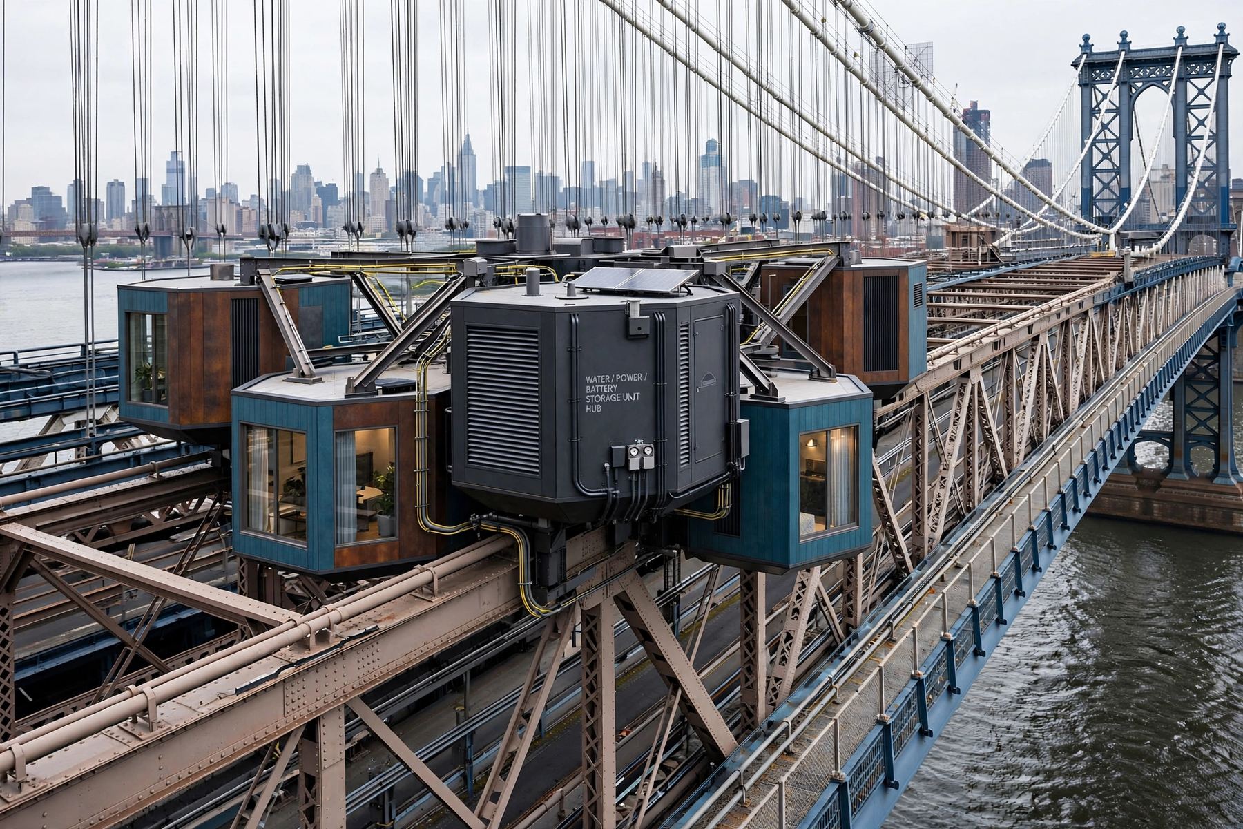 Overpass Commons power hub infrastructure design, distributed residential energy system, underbridge NYC project