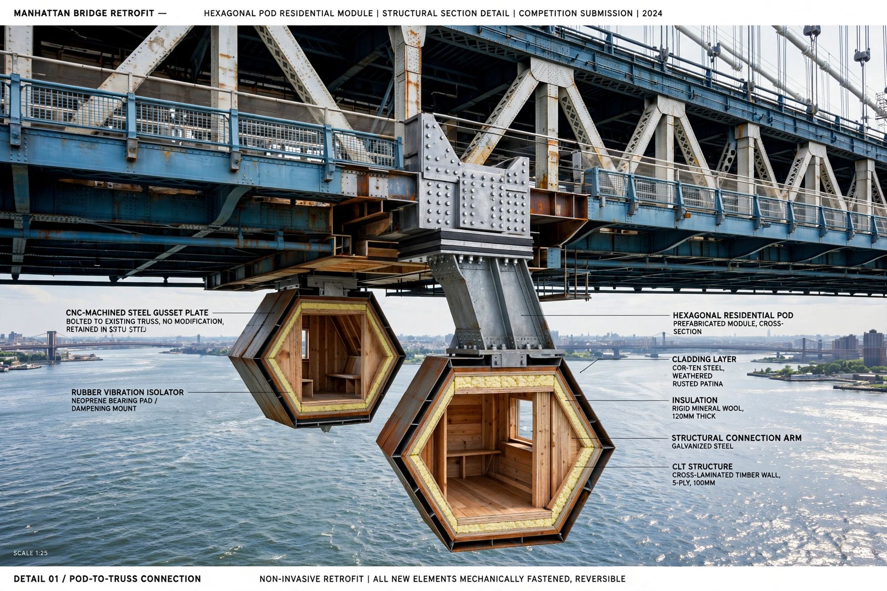 Overpass Commons structural section, bridge truss architecture design detail, underbridge infrastructure project