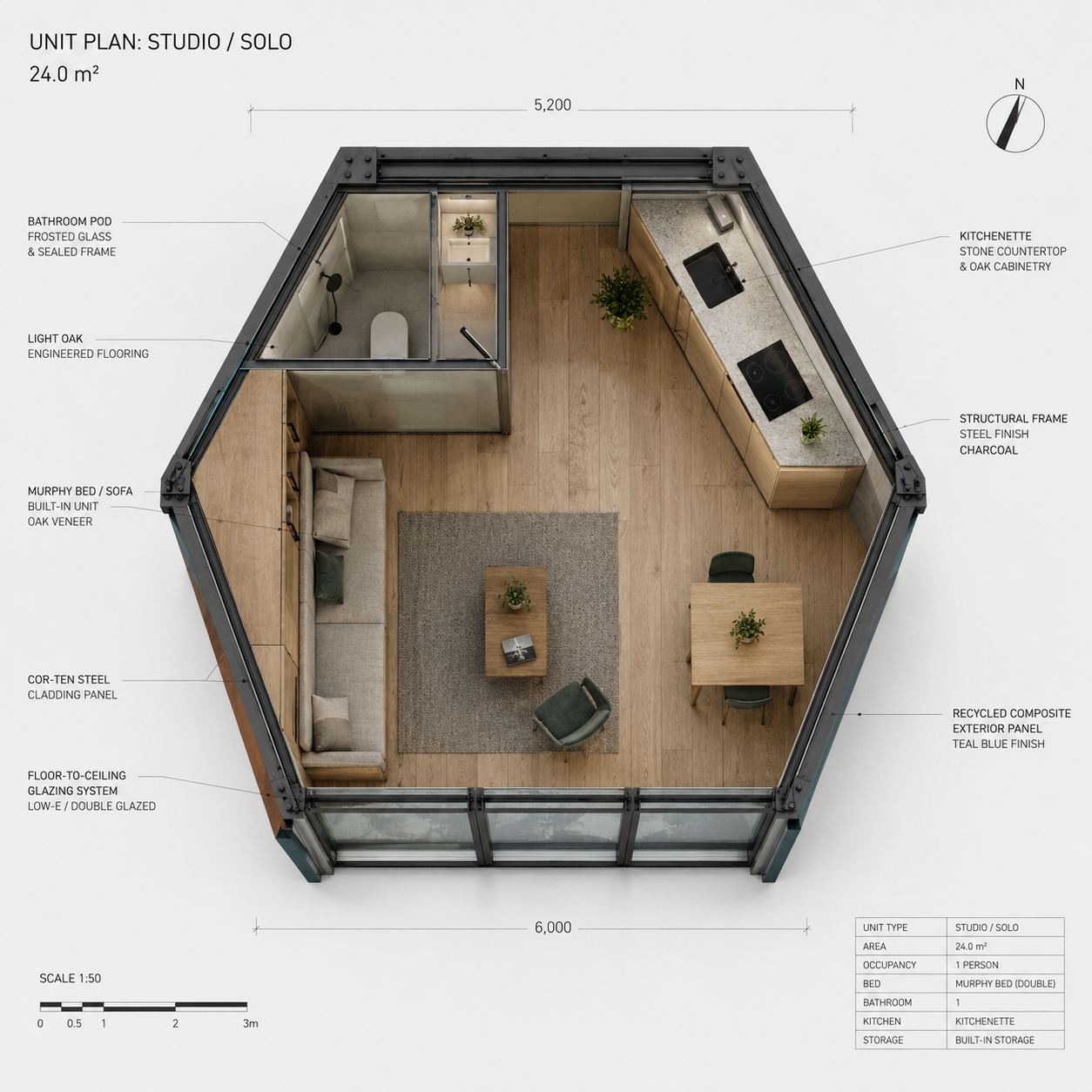 Overpass Commons studio residential unit floor plan, underbridge architecture design by mikelyden
