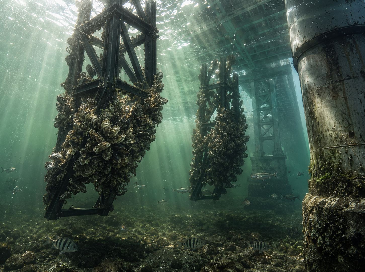 Overpass Commons underwater oyster reef infrastructure, NYC underbridge ecology design project