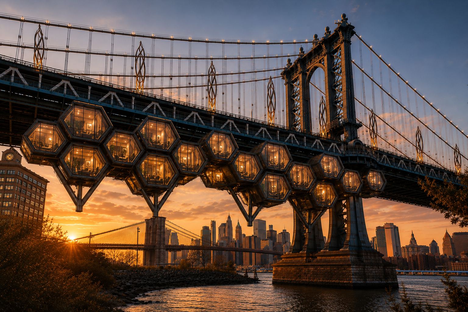 Overpass Commons underbridge mixed-use residential design concept, Manhattan Bridge NYC