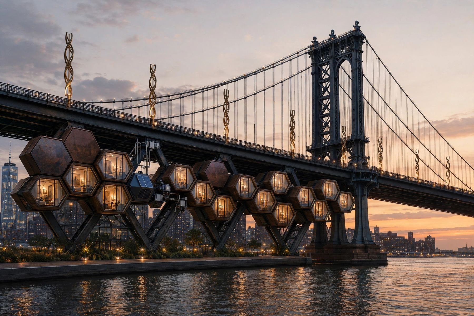 Overpass Commons hexagonal residential pod cluster, underbridge architecture design, Manhattan Bridge NYC