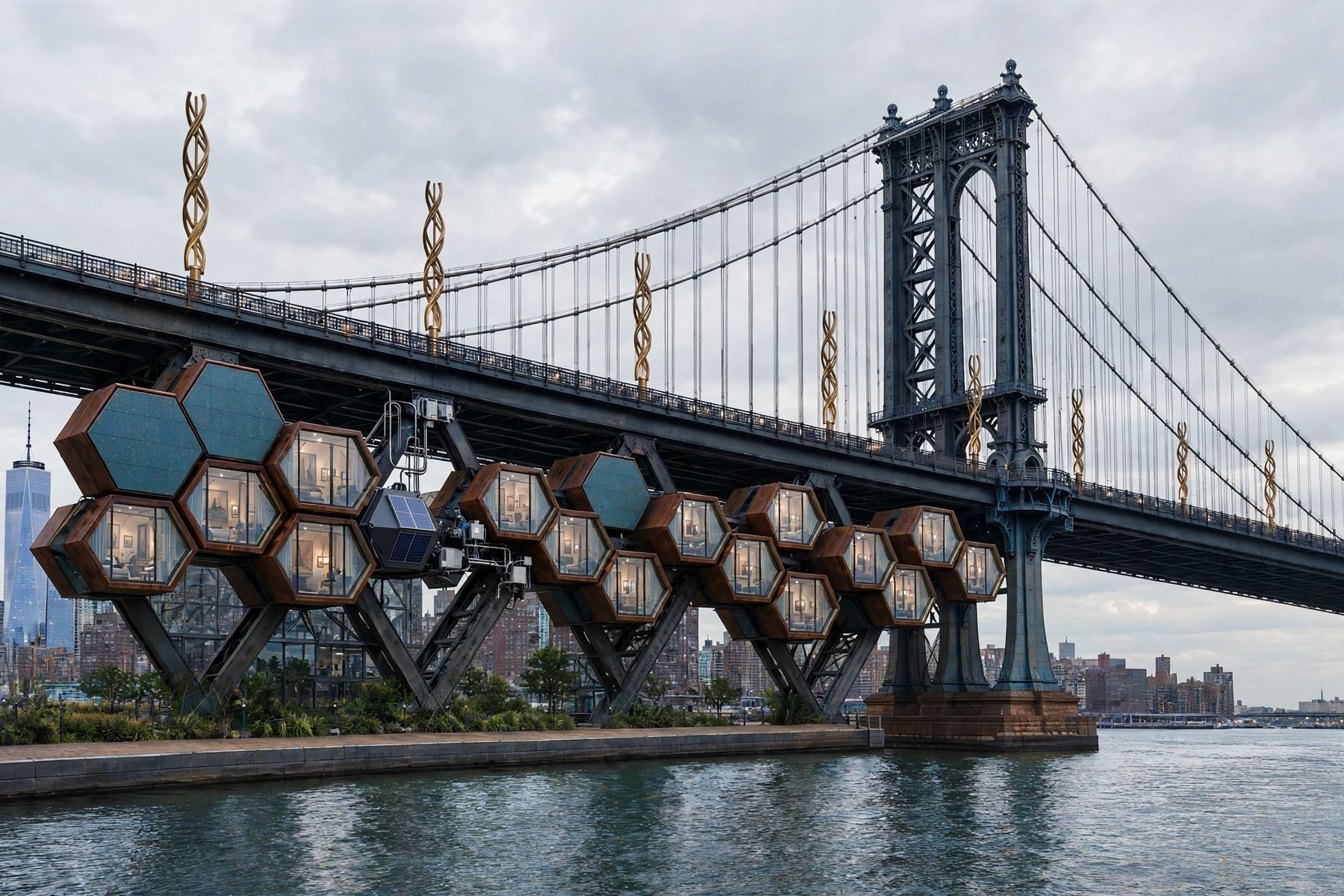 Overpass Commons underbridge residential pod cluster, NYC mixed-use infrastructure design by Mike Lyden
